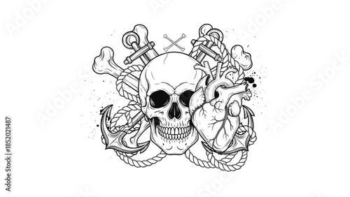 A pirate-themed tattoo design featuring a human skull, a real anatomical heart, and two crossed anchors with ropes.