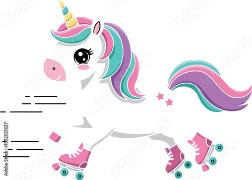 Colorful unicorn head with rainbow mane and glitter on white background
