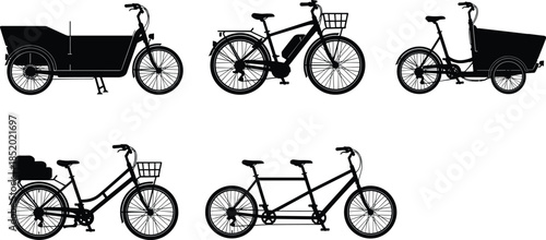 Collection of cargo bikes and tricycles silhouettes, electric bicycle, delivery bike, family transport cycle, urban mobility vector illustration set isolated on white background