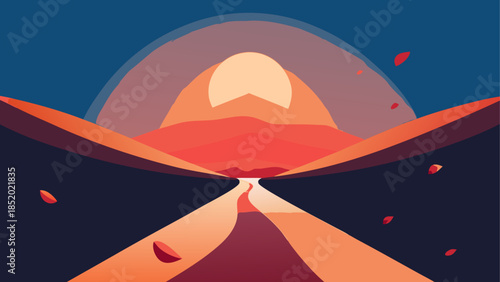 Desert sunset with falling leaves