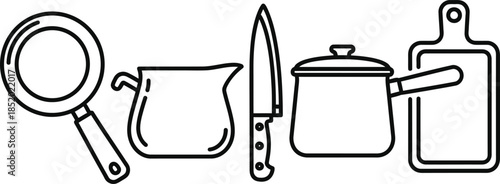 Set of 4 kitchen cookware outline frying pan sauce pot chef knife and cutting board