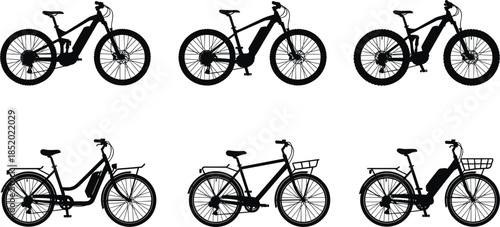 Electric bicycle and city bike silhouettes set, modern eco transport collection isolated on white background for mobility, cycling, urban commuting illustration design icons vector