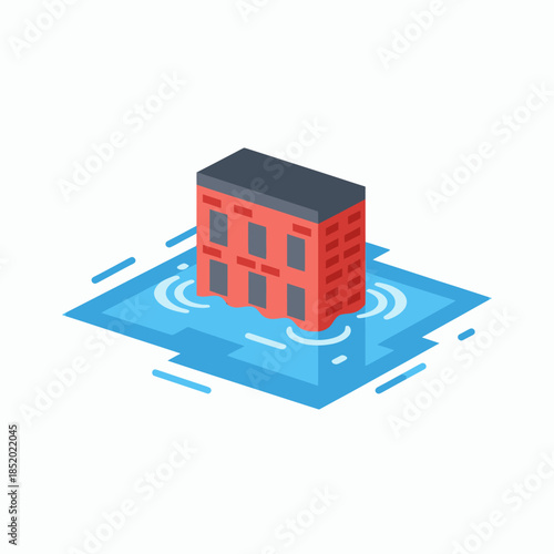 Isometric illustration of a building surrounded by floodwaters depicting a natural disaster scenario.