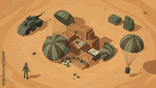 Isometric Military Base in Desert with Soldier Tank and Supply Drops.