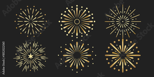 Golden firework displays and starburst shapes on a dark background