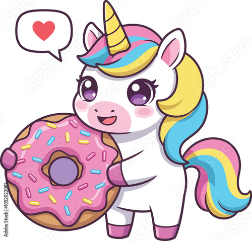Cute cartoon unicorn with rainbow mane holding pink frosted donut