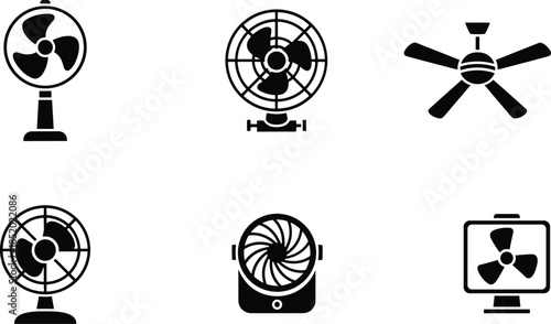 Electric fan icons set, ventilation appliance silhouettes, ceiling table exhaust fans, home cooling equipment collection, black vector illustrations isolated on white background