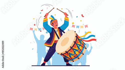 Joyful Man Playing Dhol Drum at a Festive Celebration.