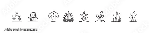 Horizontal set of 8 nature and plant line icons, with sunflowers, fruit trees, and various crops