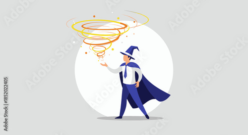 Magician creating a magical vortex with a wand illustrating business transformation.