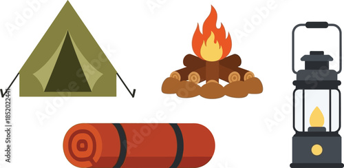 Set of 4 camping gear icons flat design tent campfire sleeping bag and lantern