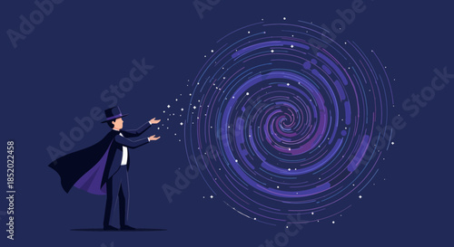 Magician creating a swirling portal of light and stars.