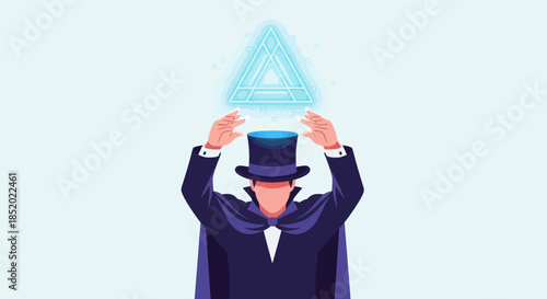 Magician holding glowing triangle a symbol of mystery and illusion.