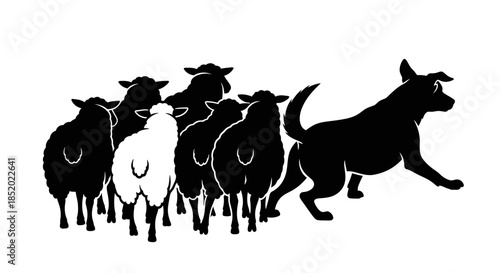 Herding Sheep Silhouette of a Dog Guiding a Flock Leadership Teamwork Control Agriculture Farm Life