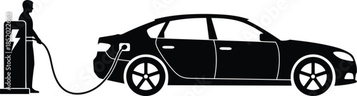 Electric vehicle charging station silhouette, modern electric car plugged in, eco friendly transportation concept, clean energy mobility illustration, sustainable future transport innovation, 