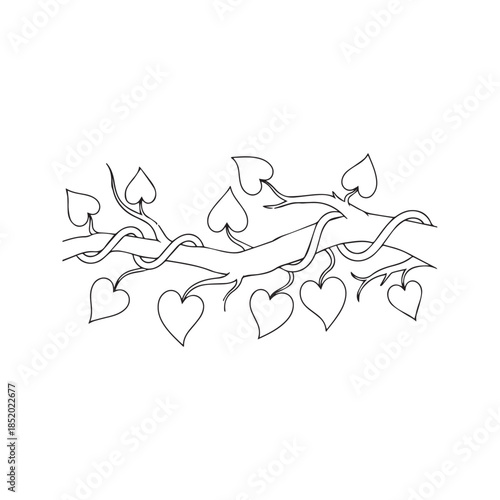 Hand Drawn Twisted Vine Wrapped Around Tree Branch With Leaves Black And White Line Art Sketch
