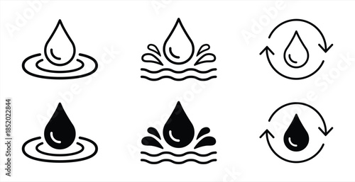 Water icon set. Splash, washing hands, drinking water and more. Vector illustration