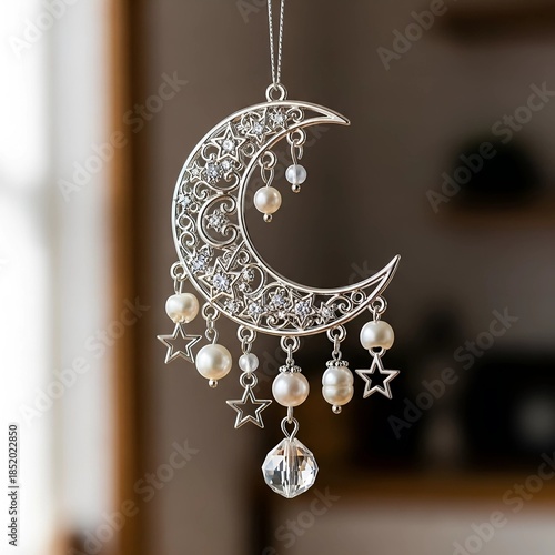 Wallpaper Mural Beautiful Filigree Moon with Crystals Cute Christmas Ornament Hanging on Gentle Glow Background Torontodigital.ca