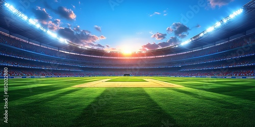 Empty Cricket Stadium with Bright Lights and Sunset Sky sports arena green grass