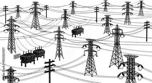 High voltage power transmission lines, electrical grid infrastructure, energy distribution network, utility pylons, industrial electricity system, modern engineering illustration,