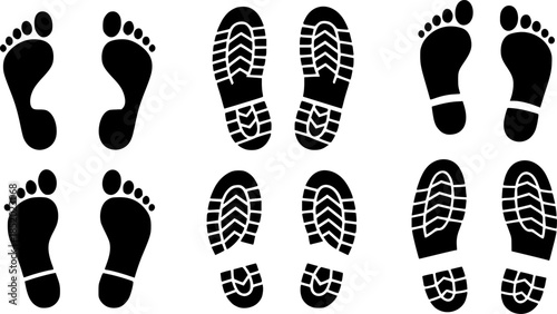 Set of human footprints icon. Foot imprint, footsteps icon collection. Human footprints silhouette. Barefoot, sneaker and shoes footstep icons. Vector Illustration. See Less
