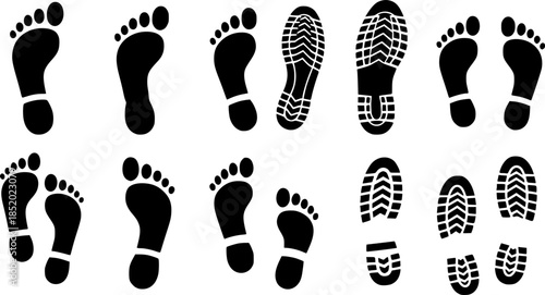 Set of human footprints icon. Foot imprint, footsteps icon collection. Human footprints silhouette. Barefoot, sneaker and shoes footstep icons. Vector Illustration. See Less
