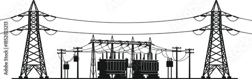 High voltage power transmission substation with electricity pylons, transformers and overhead lines, industrial energy infrastructure, electrical grid technology, blue silhouette illustration,