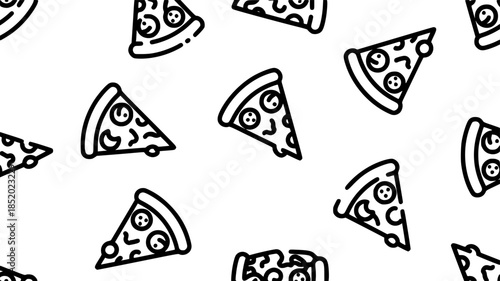Small black contour linear pizza slices isolated on white background. Cute monochrome seamless pattern. Vector

