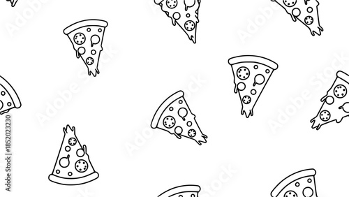 Small black contour linear pizza slices isolated on white background. Cute monochrome seamless pattern. Vector
