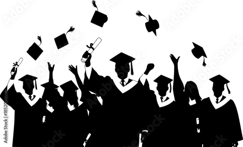 set of silhouette graduate student throwing cap.silhouette of a group of people celebrating,silhouette of a person with a diploma

