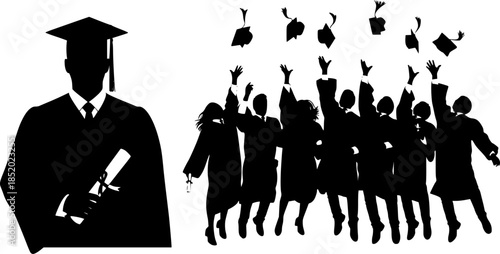 set of silhouette graduate student throwing cap.silhouette of a group of people celebrating,silhouette of a person with a diploma
