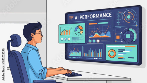 Man Monitoring AI Performance on a Large Screen with Data Visualizations.