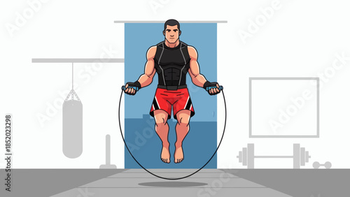 Man Skipping Rope in Gym for Fitness and Exercise.