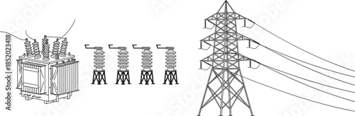 High voltage power transmission system illustration, electrical substation transformer insulators pylons blueprint line art engineering energy infrastructure industrial technology design schematic