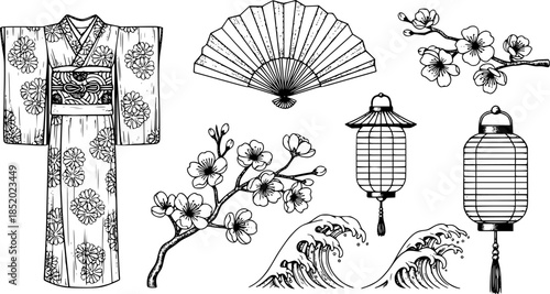 Elegant Traditional Japanese Symbols Vector Collection: Detailed Vintage Engraving Style Kimono, Fan, Cherry Blossom, Lantern, and Wave Motifs. Classic Asian Art Set. 

