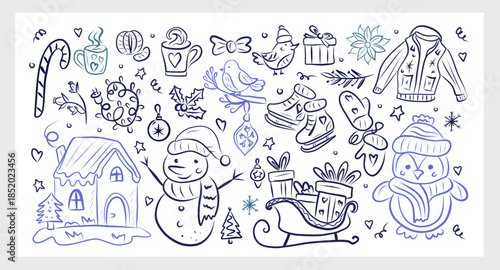 Whimsical Christmas hand drawing sketch set. La dolce vita concept. Design elements for New Year party greeting cards, winter party invitations. Vector