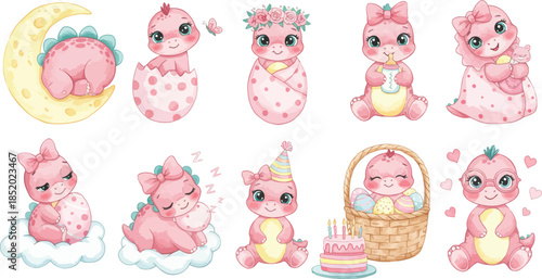 Collection of cute pink cartoon unicorns in various poses and outfits