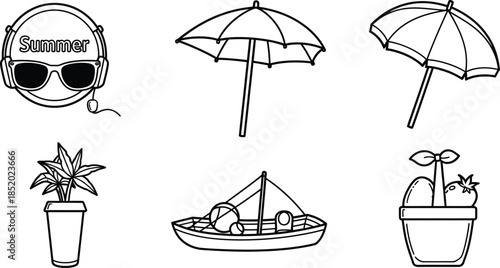 Outline illustration set of 5 summer items ice cream cone sunglasses flip flops beach ball and sun icon
