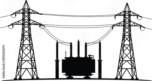 High voltage power transmission towers and electrical substation transformer silhouette, energy infrastructure grid engineering technology illustration isolated on white 