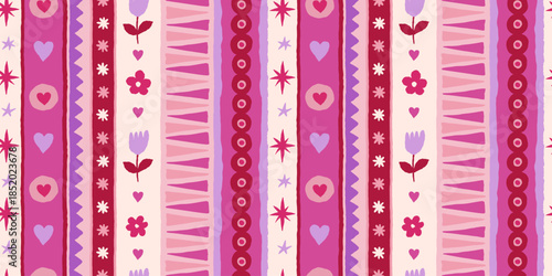Vector set of seamless patterns – abstract hand-drawn quirky doodles, striped, plaid, and checkered designs – festive, party, and Valentine's day decorative wrapping paper 