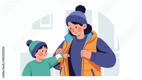 Mother and son getting dressed for cold weather wearing winter hats and jackets preparing to go outside.