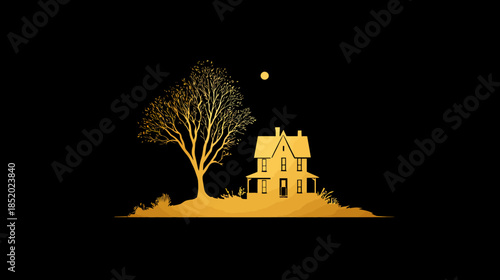 Elegant golden silhouette of a classic house, an old tree, and a full moon on a tranquil hill against a rich black background.