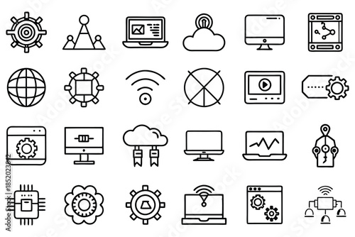 A set of line icons related to Software Development. Program, install, develop, mobile, computer, operating system, coding, and so on. Vector editable stroke.