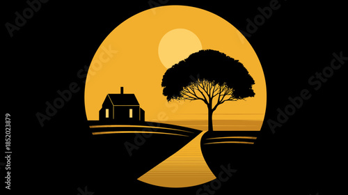 Golden hour rural landscape silhouette with charming house, solitary tree, and winding path under a glowing sun in a circle