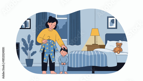 Mother preparing her child for bedtime in a cozy bedroom.