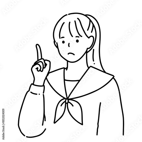 手描き　困り顔の女子高生のイラスト　指差し　シンプル線画