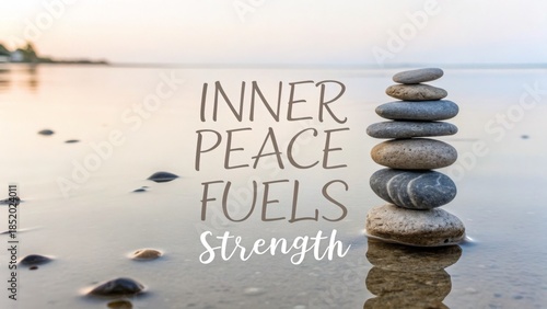 Stacked Stones Balanced Near Water, Representing Inner Peace