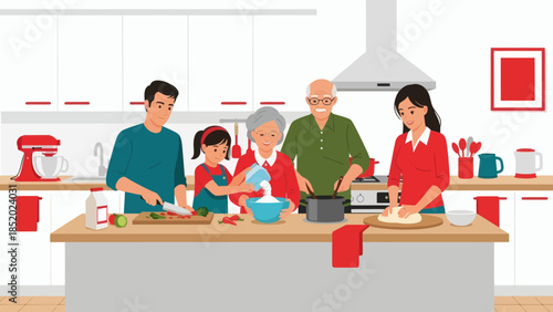 Multigenerational family cooking together in a modern kitchen preparing a meal with various ingredients and utensils.