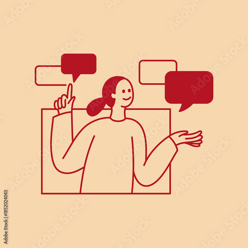 Vector doodle illustration, business and communication concept, girl on the screen, managing chat message, support and feedback
