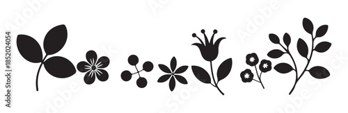 Assortment of black silhouette botanical elements featuring flowers leaves and small berry clusters design kit